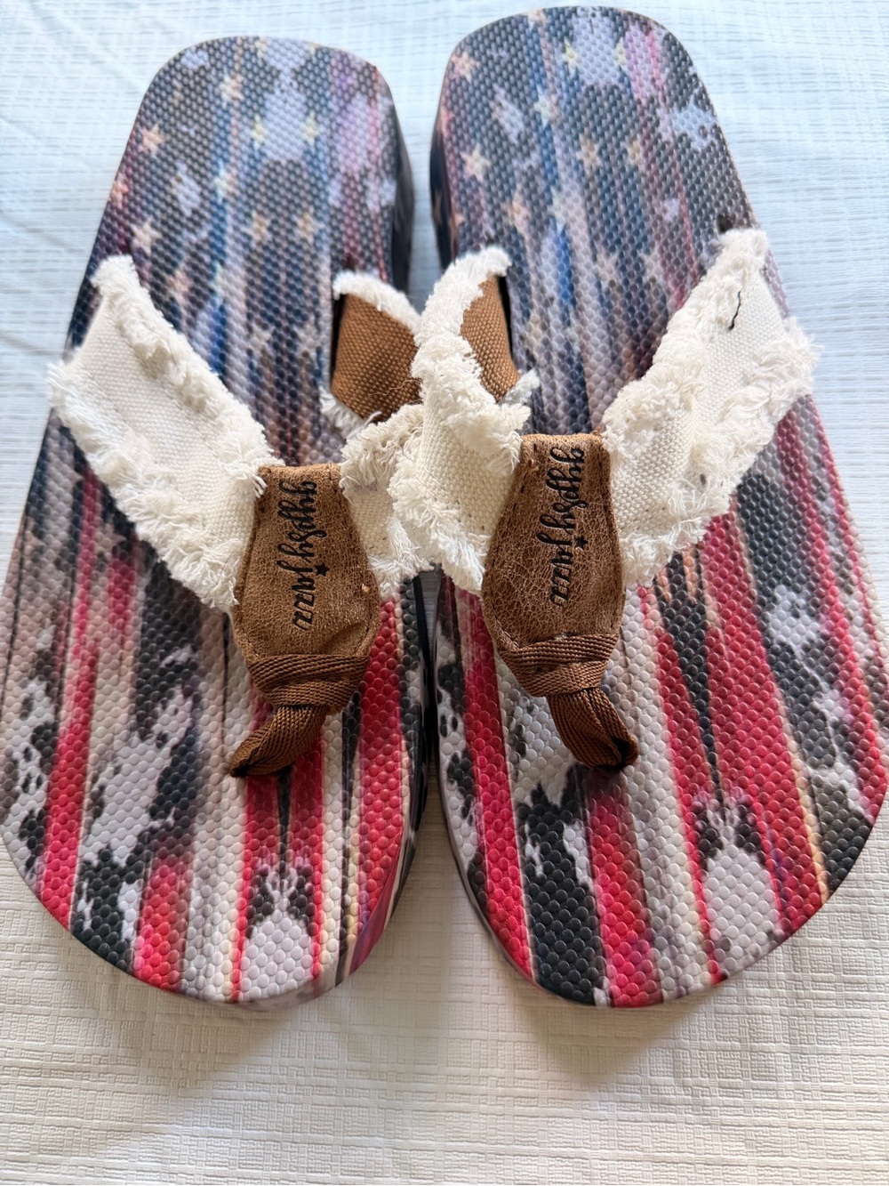 Women Casual Flip Flops with American Flag Print - Brown & Cream